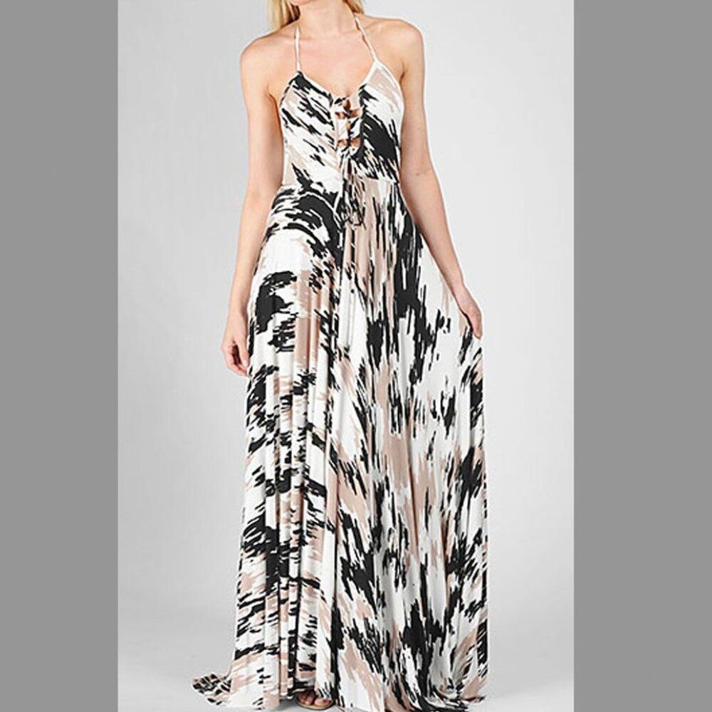 Rachel Pally XS Harrison Dress Lace Up Bust Boho Sexy Halter Maxi Long Gown